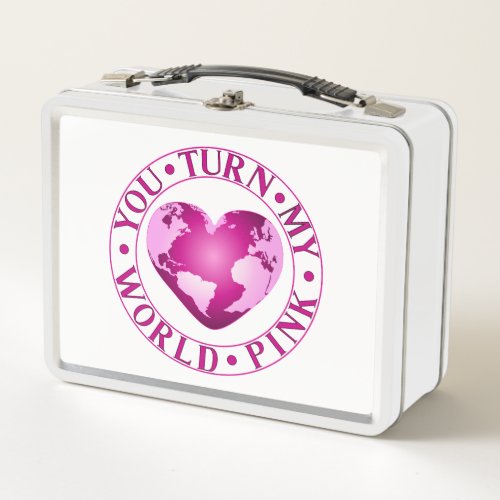 YOU TURN MY WORLD PINK Romantic Earth Heart Design Metal Lunch Box