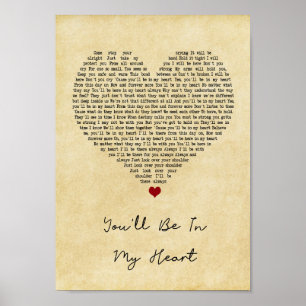 You'll Be In My Heart Vintage Heart Song Lyric Poster