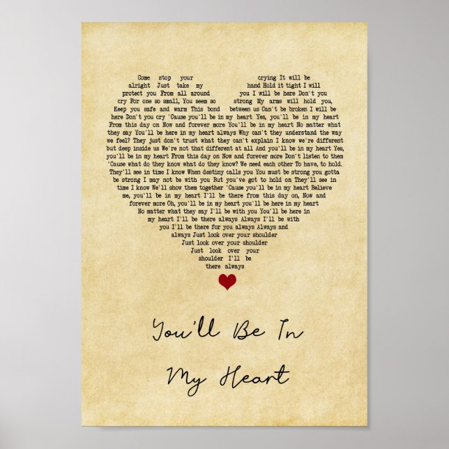 You'll Be In My Heart Vintage Heart Song Lyric Poster (Front)