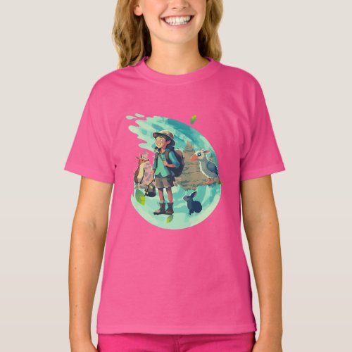 Young adventure at forest of magic with animals T_Shirt