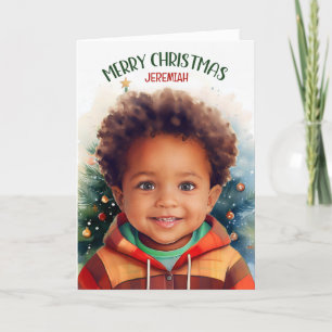 Young African American Boy with Name Christmas Holiday Card