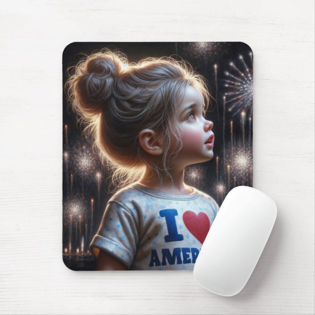 Young American Girl Watching Fireworks Mouse Pad (With Mouse)