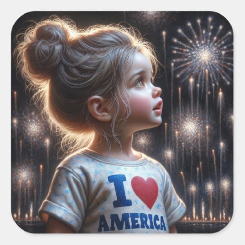 Young American Girl Watching Fireworks Square Sticker
