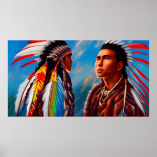 Young American Indian 2 Men feathers Vintage  Poster