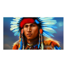 Young American Indian Man with feathers blue
