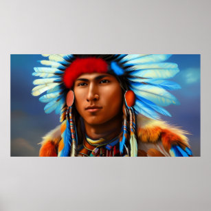Young American Indian Man with feathers blue Poster