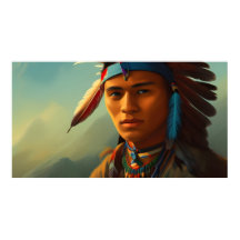 Young American Indian Man with feathers Vintage