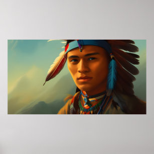 Young American Indian Man with feathers Vintage Poster