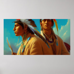Young American Indian Men feathers Vintage Poster