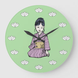 Young Asian Girl Pink Mauve Kimono Lotus Large Clock