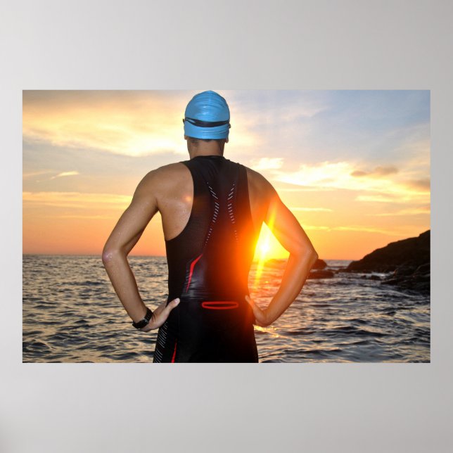 young athlete triathlon in front of a sunrise poster (Front)