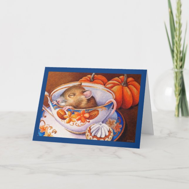 Young Autumn Mouse Sleeps in Teacup Watercolor Art Card (Front)