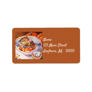 Young Autumn Mouse Sleeps in Teacup Watercolor Art Label