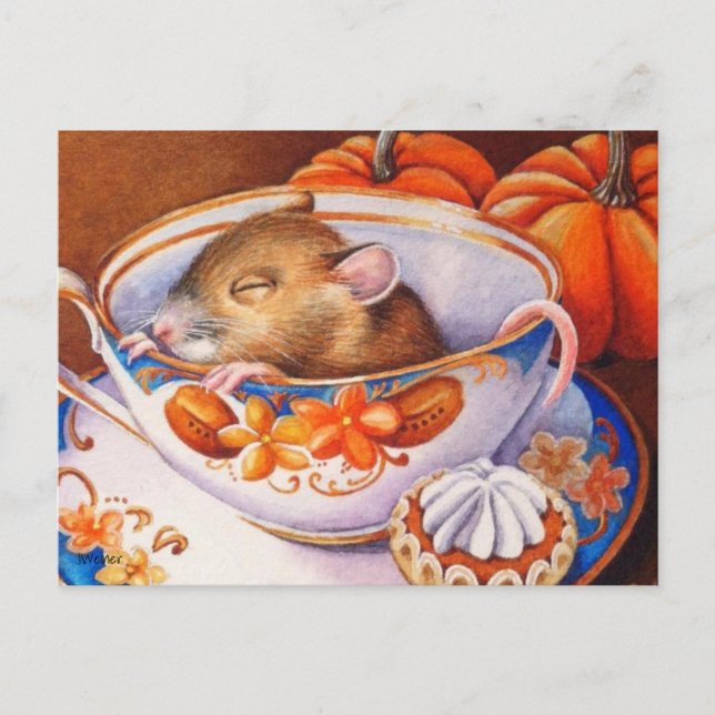 Young Autumn Mouse Sleeps in Teacup Watercolor Art Postcard (Front)