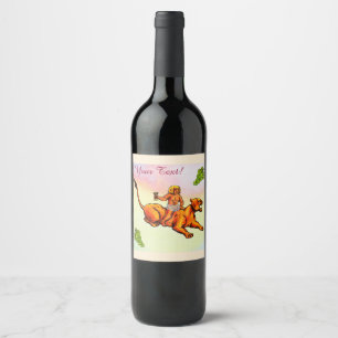 Young Bacchus riding a lioness and green grapes Wine Label