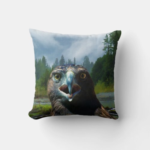 Young Bald Eagle and Misty Alaskan River Throw Pillow