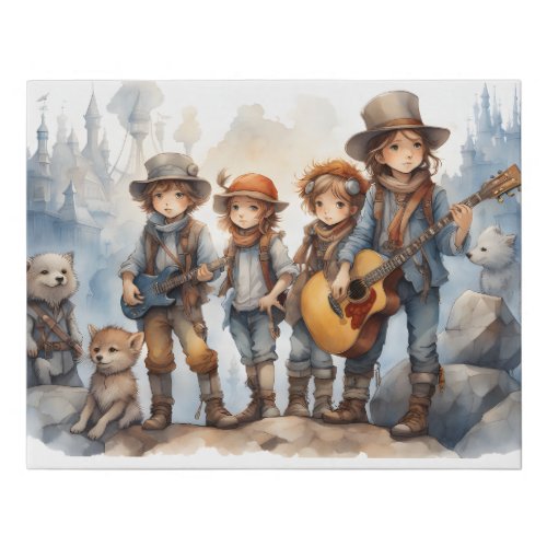 Young Band Members Playing Guitar Watercolor Paint Faux Canvas Print