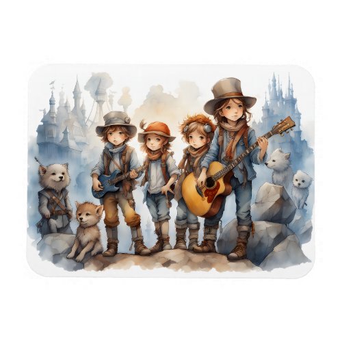 Young Band Playing Guitars Watercolor Paint Fridge Magnet