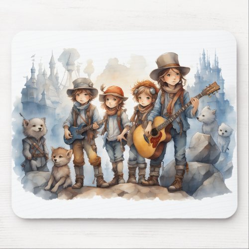 Young Band Playing Guitars Watercolor Painting Mouse Pad