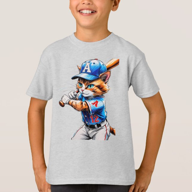 Young baseball cat in uniform with his bat! T-Shirt (Front)
