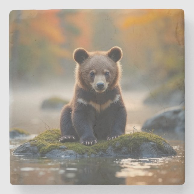 Young Bear in Autumn Stone Coaster (Front)