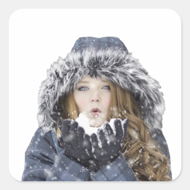 Young beautiful girl in winter square sticker (Front)