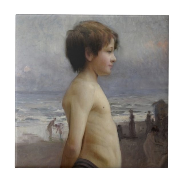 Young Boy at the Beach (by Jules Bastien-Lepage) Ceramic Tile (Front)