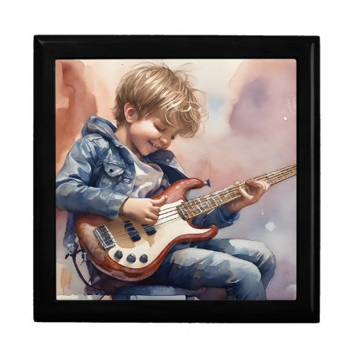 Young Boy Bass Player Watercolor Illustration Gift Box