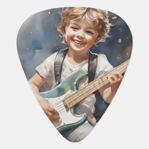 Young Boy Bass Player Watercolor Illustration Guitar Pick