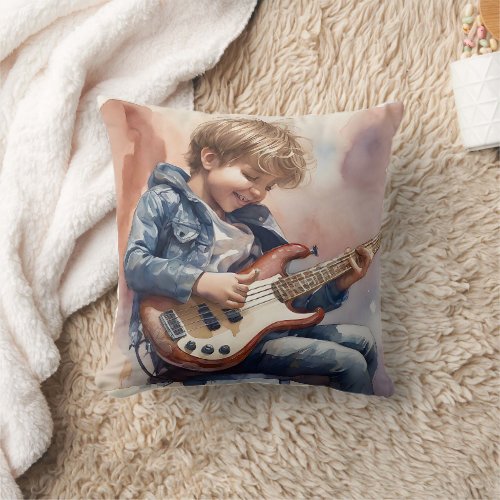 Young Boy Bass Player Watercolor Illustration Throw Pillow