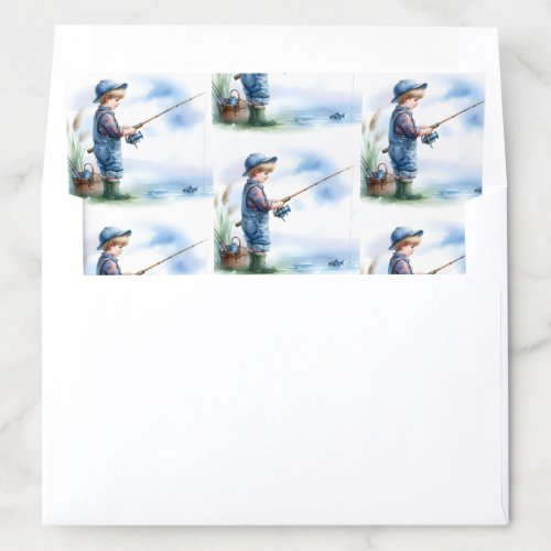 Young Boy Fishing in a Pond in Blue Hat Overalls Envelope Liner