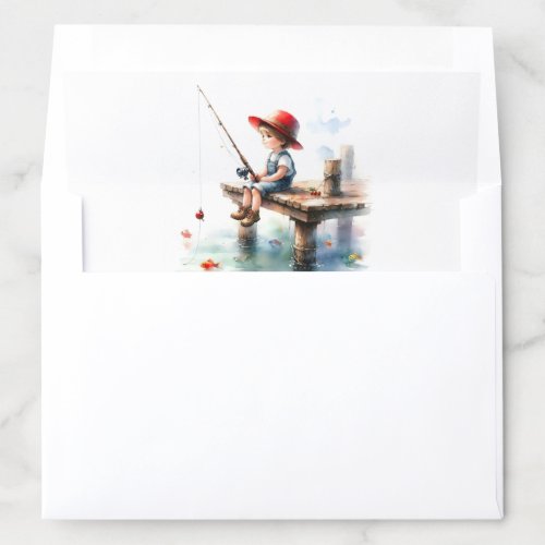 Young Boy Fishing in Pond on Pier Wearing Red Hat Envelope Liner