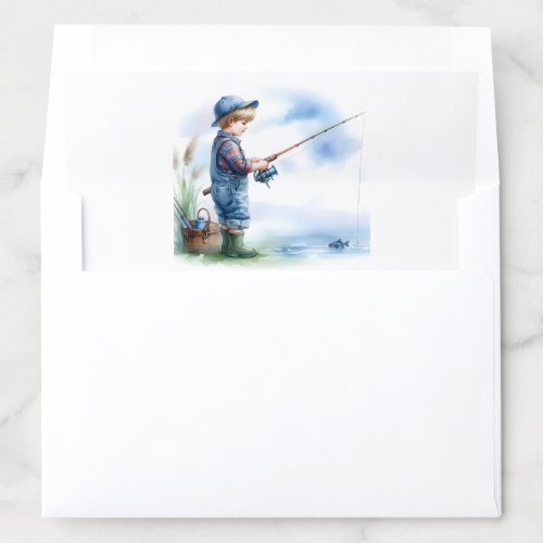 Young Boy Fishing Pond Wearing a Blue Hat Overalls Envelope Liner