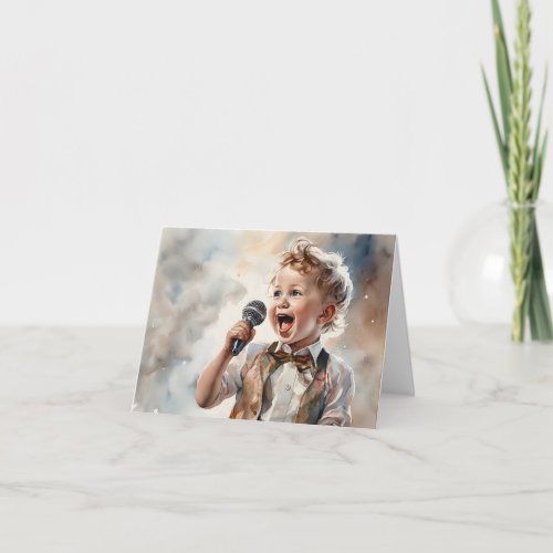 Young Boy Lead Sing Watercolor Illustration Blank  Card