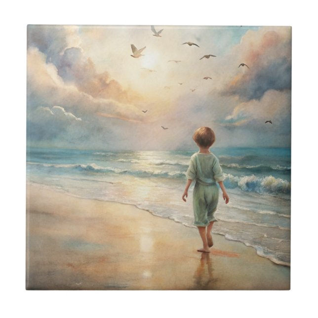 Young Boy on Beach Ceramic Tile (Front)