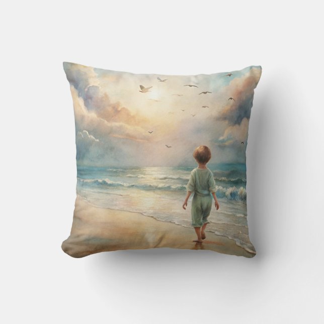 Young Boy on Beach Throw Pillow (Front)