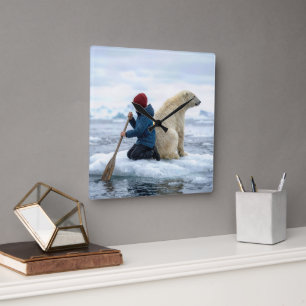 Young Boy on Ice Rescuing a Polar Bear Square Wall Clock