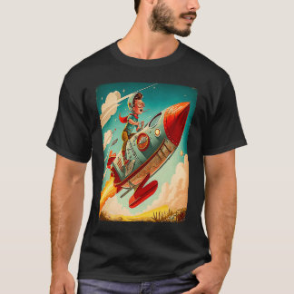 Young Boy Pilot Riding Rocket Race Space Old Imagi T-Shirt