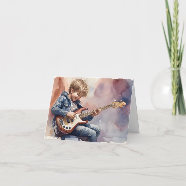 Young Boy Playing Bass Guitar Watercolor Blank  Card (Front)