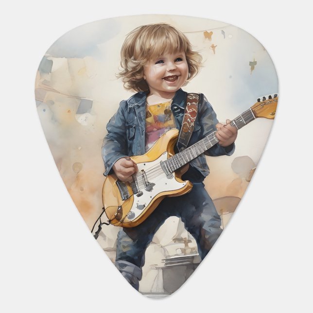 Young Boy Playing Guitar Watercolor Illustration Guitar Pick (Front)
