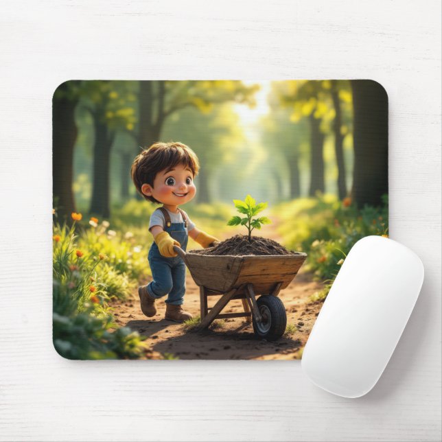 Young Boy Pushing a Wheelbarrow Mouse Pad (With Mouse)