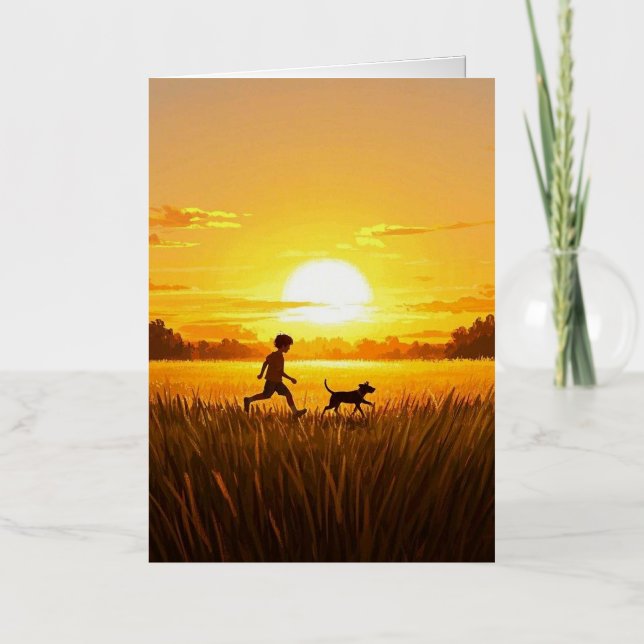 Young boy running with dog at sunset foil greeting card (Front)