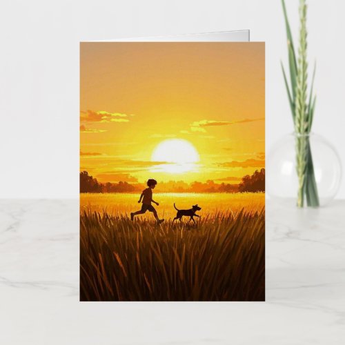 Young boy running with dog at sunset foil greeting card