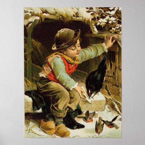 Young Boy with Birds in the Snow Poster