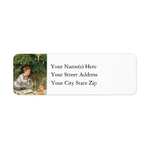 Young Boy With Christmas Toys Under The Tree Label