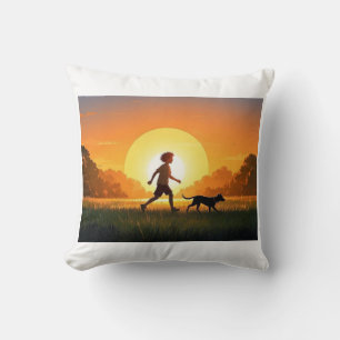 Young Boy with dog at sunset Throw Pillow