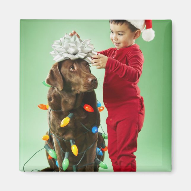 Young boy wrapping Christmas lights around a dog Magnet (Front)