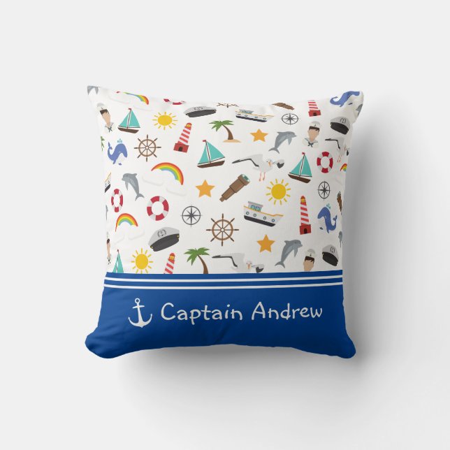 Young Boy's Captain Sailor Nautical Throw Pillow (Front)