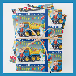 Young Boy's NAME Birthday Dump Truck Balloons Wrapping Paper Sheets