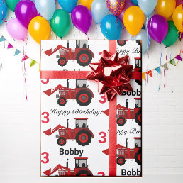 Young Boys Red Loader Tractor Name n Age Birthday Wrapping Paper